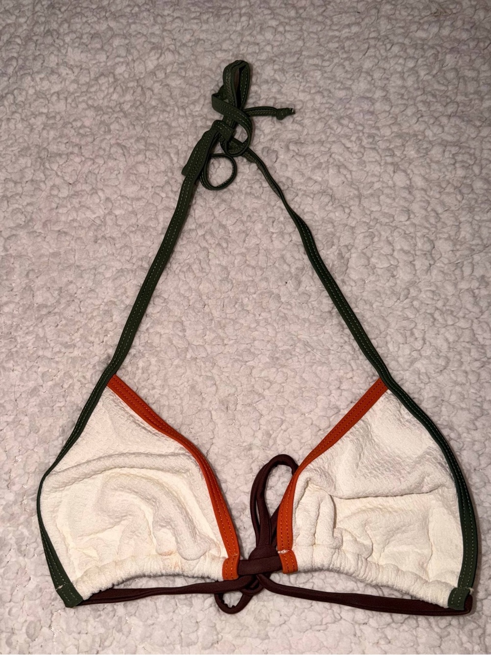 Cream Textured Triangle Bikini with Green & Rust Trim - Picture 7 of 10